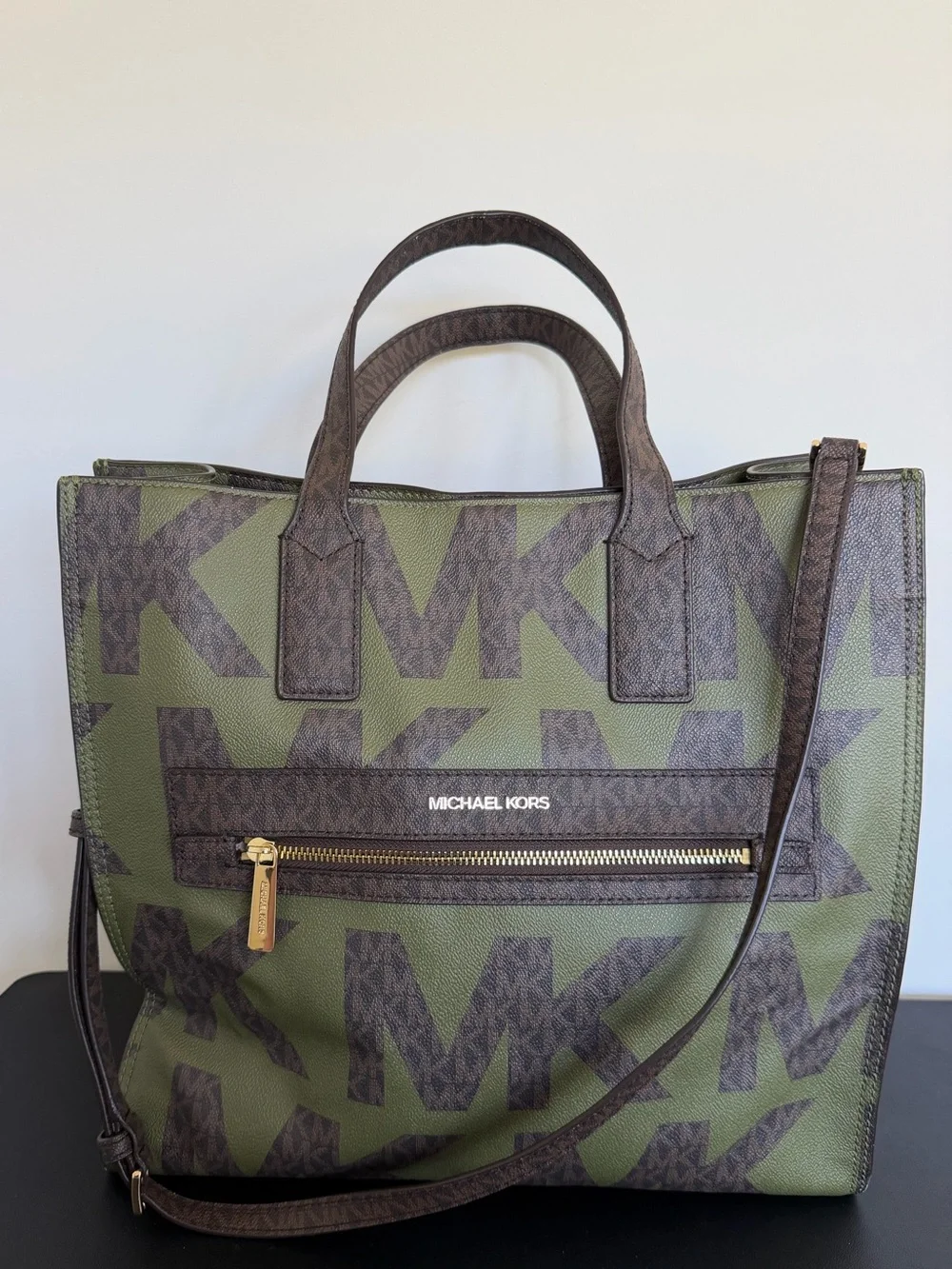 Michael Kors Kenly Large Graphic Logo Tote Army Green Brown Crossbody